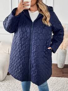 SHEIN CURVE+ Abrigo acolchado con capucha con cremallera, suelto y con longitud hasta la pantorrilla, para talla grande, para otoño/invierno