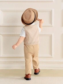 Souflis Souflis 3pcs/Set Infant Baby Boys Gentleman Outfit - Polo Collar Short Sleeve Cardigan, Waistcoat V-Neck Striped Sleeveless, And Long Trousers'