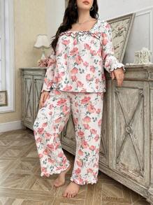 Floral Print Lace Trim Romantic Ladies Pajama Set - Pink - View 3