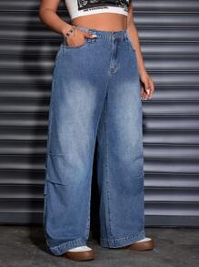 SHEIN EZwear Pantalon en jean large et ample à plis pour femmes grandes tailles, style décontracté de rue