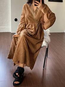 DAZY 波西米亚风格镂空刺绣前开宽松睡袍睡衣 - 駝色 - 查看 3