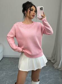 SHEIN Unity Women's Heart Design Lace Patchwork Loose Sweater Knit Pullover Fall Winter - Pink - View 5