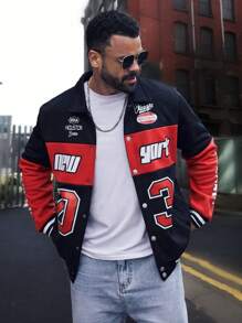 Manfinity LEGND Plus Size Men's Contrast Color Letter Print Front Button Long Sleeve Jacket & Outerwear, Going Out Street Wear Colorful Graphic Racing Lightweight Jacket, For Friends, Husband, Boyfriend Gifts - Multicolor - View 4