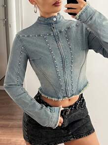 SHEIN ICON 女式休闲牛仔夹克，前拉链、磨边、长袖 - 淺色水洗藍 - 查看 6