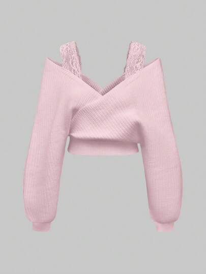 ROMWE Plus Size Plus Size Off Shoulder Lace Strap Deep V-Neck Loose Pullover Sweater, Chic & Sexy