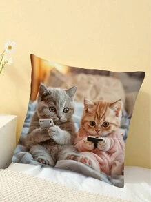 1pc Cute Cat Pattern Pillow Cover, 100% Polyester, Zipper Closure, No Filling, Suitable For Living Room, Bedroom And Dining Room Decor - Multicolor - View 4