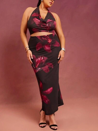 Hauture Falda formal de talla grande para mujeres en invierno con elegante estampado floral en negro y rosa, de corte ceñido y cintura alta, ideal para citas, actuaciones, festivales de música, fiestas, clubes, vacaciones y eventos de noche