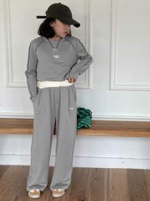 DAZY 2 件套 Tween Girl 圆领针织字母刺绣上衣和裤子套装，秋季