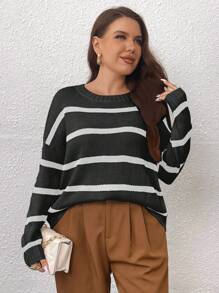 Celure Plus Size Women Striped Pattern Regular Drop Shoulder Crew Neck Casual Pullover Sweater, Spring/Autumn Knit Pullover Fall Winter Sweater