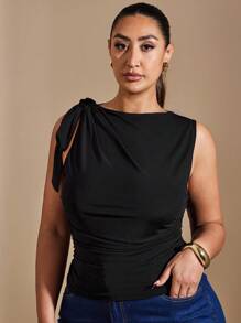 SHEIN BAE Top de tirantes finos talla grande, sin mangas, color negro, adecuado para el Día de San Valentín, verano, cumpleaños, eventos formales, fiesta