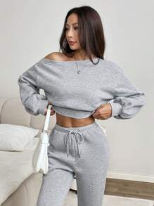 SHEIN EZwear 女士休闲灰色不对称肩部宽松短款运动衫和抽绳腰部运动裤套装 - 灰色 - 查看 7