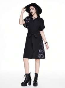 ROMWE Gothic Snake Skin & Floral Print Tie Waist Women's Shirt Dress - Black - View 6