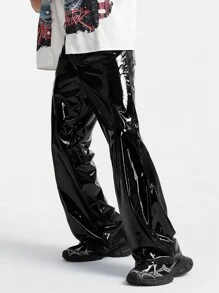 AXEPEAK 男士四面弹力反光宽版梭织裤，纯色宽松喇叭裤，黑色裤子，适合外出、送给老公、男朋友的礼物，街头潮流必备，秋季 - 黑色 - 查看 4