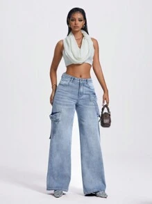 SHEIN ICON 女士时尚直筒牛仔裤 低腰直筒宽松牛仔裤 女士 - 淺色水洗藍 - 查看 4