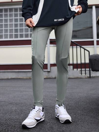 Manfinity Sport Corelite Men's Solid Color Slim Fit Workout Leggings, Casual Everyday Wear