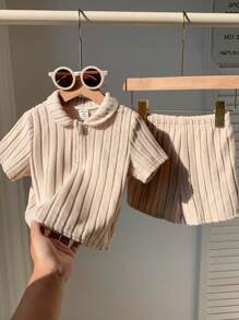 SHEIN Baby Boys/Girls Cute Solid Color Short Sleeve Polo Shirt & Elastic Waist Shorts Set, Spring/Summer - Multicolor - View 7