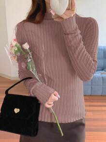 DAZY Women Stand Collar Long Sleeve Plain Casual Ribbed T-Shirt,Back To School Clothes,Fall Women Clothes - Hot Pink - View 2