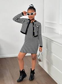 Nova Glow Tween Girl Tween Girl Casual Houndstooth Cardigan Jacket & Slip Dress 2szt. Zestaw