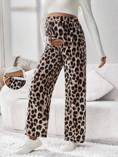SHEIN Straight Cut Leopard Print Maternity Pants, Comfortable And Fashionable For Outings And Photography