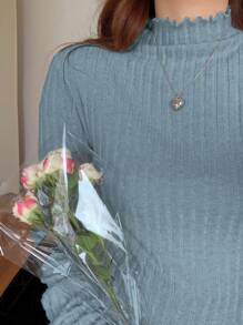 DAZY Women's Plain Collar Long Sleeve Minimalist Ribbed T-Shirt,Fall Women Clothes - Blue - View 5