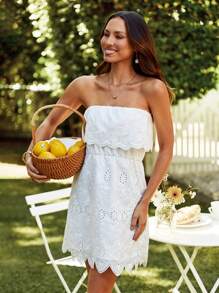 SHEIN VCAY Women's Elegan Eyelet Embroidery Scallop Trim Tube Dress - White - View 6