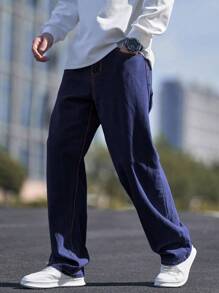 Manfinity Roghcode Quần Jeans Denim Thiết Kế Túi Đơn Giản Thường Ngày Cỡ Lớn Cho Nam - Rửa tối - Xem 5
