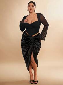 SHEIN BAE Plus Size Women V-Neck Sheer Mesh Long Sleeve Top, Sexy Curve-Hugging Formal Party Blouse, Black