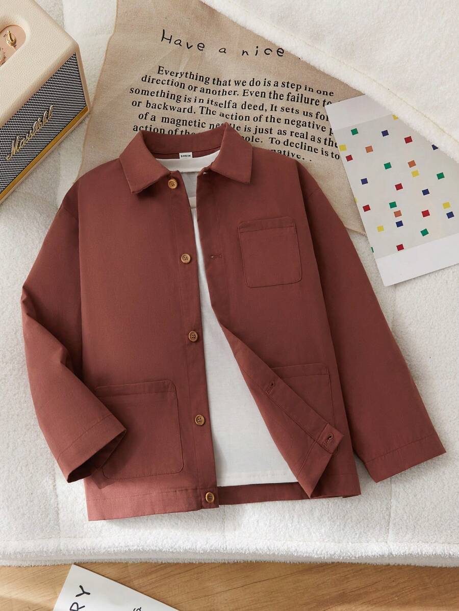 SHEIN Tween Boy Plain Front Button Long Sleeve Pocket Simple Casual Jacket - Brown - View 1