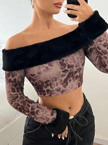 SHEIN ICON Damen Off-Shoulder Einfarbiges Oberteil mit Langen Ärmeln, Crop Top Y2K Leopard Muster, Gelegenheitskleidung für Feiertage und Neujahr, Alltägliches Tragen