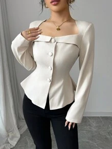 Selianne Women's French Elegant Commuter Trapezoidal Collar Square Neck Front Button Down Long Sleeve Shirt With Waistline, Suitable For Spring Autumn Winter Fall Cloth For Women - Apricot - View 5