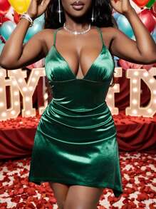 Slaydiva 女士无袖细肩带夏季/冬季休闲连衣裙，适合优雅的聚会/约会场合 - 墨綠色 - 查看 6
