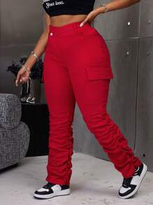 Plus Size Women Red Denim Elastic Personalized Extra Long Harem Pants - Red - View 2