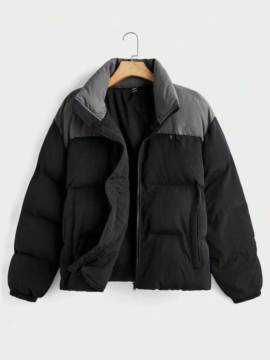 Manfinity VCAY 男士梭织休闲宽松长袖夹棉大衣，年轻人时尚日常穿搭，秋冬外出保暖拼色冬大衣，送给朋友、老公、男朋友的礼物 - 彩色 - 查看 1