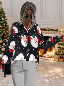 SHEIN LUNE Women Santa Claus Print Loose Casual Long Sleeve Shirt, Autumn - Black - View 6