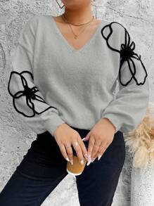 SHEIN Unity Plus Size Women V-Neck Floral Embroidered Regular Casual Pullover Sweater, Autumn/Winter Knit Pullover Fall Sweater - Grey - View 4