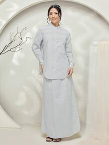 Veilorie Baju Kebaya Black & White Striped Women's Long Blouse And Skirt Two-Piece Set Modest
