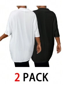 SHEIN Essnce Plus Size Women's T-Shirt, Baggy Top, 2-Piece, Black Top Going Out Tops,Summer Outfits For Women,Spring Clothes Two Pieces Summer Set Summer Set - Multicolor - View 2