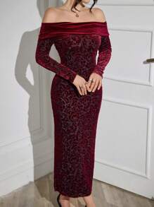 Modelyn 勃艮第红色 1 件优雅天鹅绒花卉印花长袖紧身连衣裙长款女士装长款晚礼服