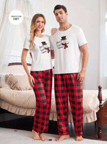 CoupledUp 2 件男士圣诞雪人字母印花套头睡衣和格子睡裤套装 - 彩色 - 查看 6