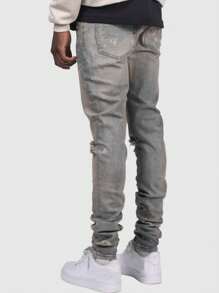 ROMWE MEN Street Life Men's Embroidered Skinny Jeans, Street Style - Medium Wash - View 4