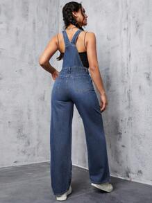 SHEIN ICON 女式宽肩带前扣口袋休闲牛仔连身裤 - 深色水洗藍 - 查看 2
