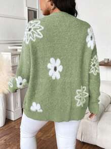 Calvaya Bluzka swobodna z długim rękawem i kwiatowym nadrukiem w dużym rozmiarze i zapięciem na guziki z przodu