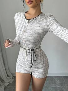 Elenzga New French Style Floral Print Long Sleeve Jumpsuit With Ropes And Waist Belt, Round Neck, Zipper Front, Tight Fitted Short Jumpsuit, For Autumn - Multicolor - View 5