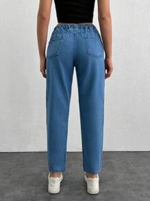 SHEIN Cottnline 女式系带口袋锥形休闲牛仔裤 - 淺色水洗藍 - 查看 2