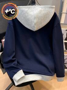 SHEIN 青少年男孩休闲拼布撞色连帽衫，灰色和海军蓝，英文印花，保暖衬里，百搭日常穿着，秋冬 - 藍色 - 查看 2