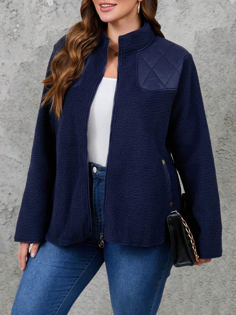SHEIN LUNE Plus Size Casual Solid Color Stand Collar Jacket, Autumn/Winter - Navy Blue - View 1