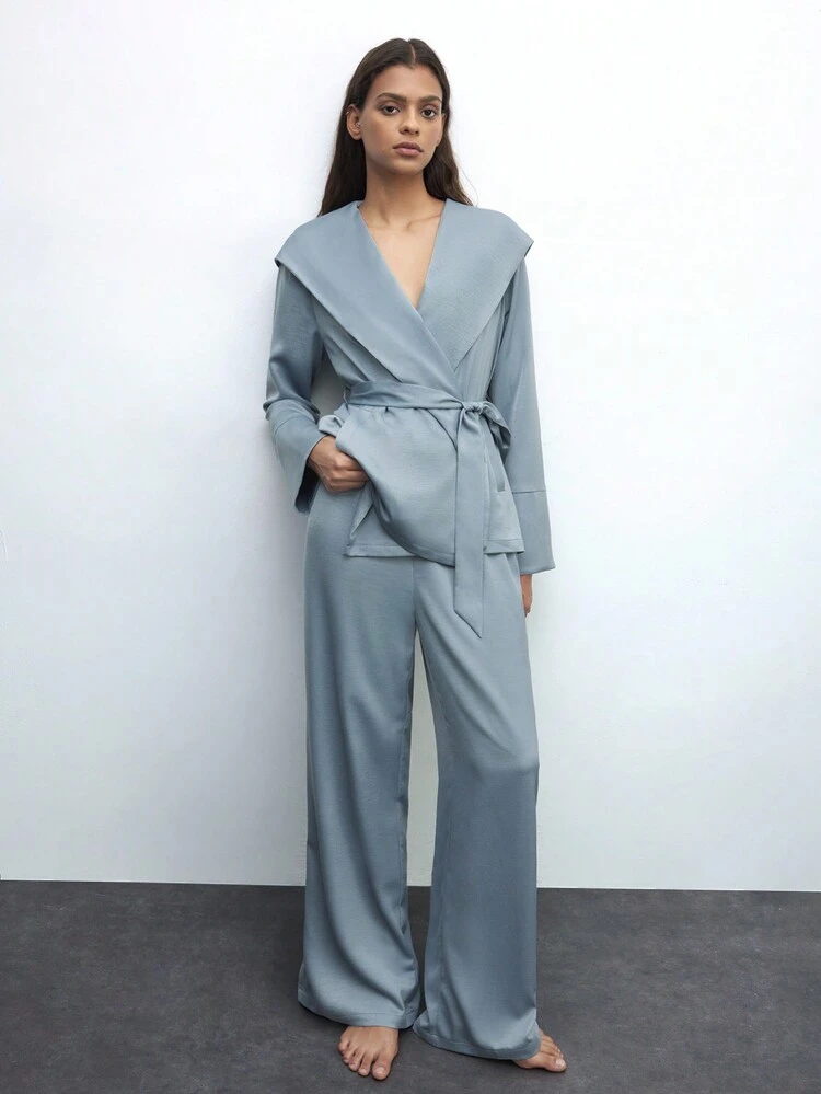 SHEIN Maija Women Elegant Solid Color Hooded Cross Wrap Belted Long Sleeve Top And Full Length Pants Sleepwear Set, Autumn/Winter