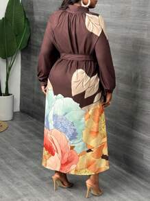 Slaydiva Plus Size Women Solid Color Patchwork Front Tie Long Sleeve Casual Dress, Elegant