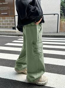 SHEIN 年轻男孩街头酷炫卡其色工装口袋宽松牛仔裤，休闲百搭，适合年轻男孩秋装 - 軍綠色 - 查看 3
