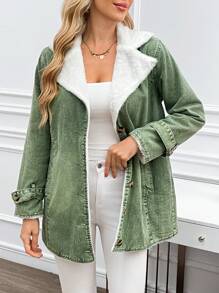 SHEIN LUNE Women's Front Button Long Sleeve Pocket Simple Casual Denim Jacket - Green - View 3